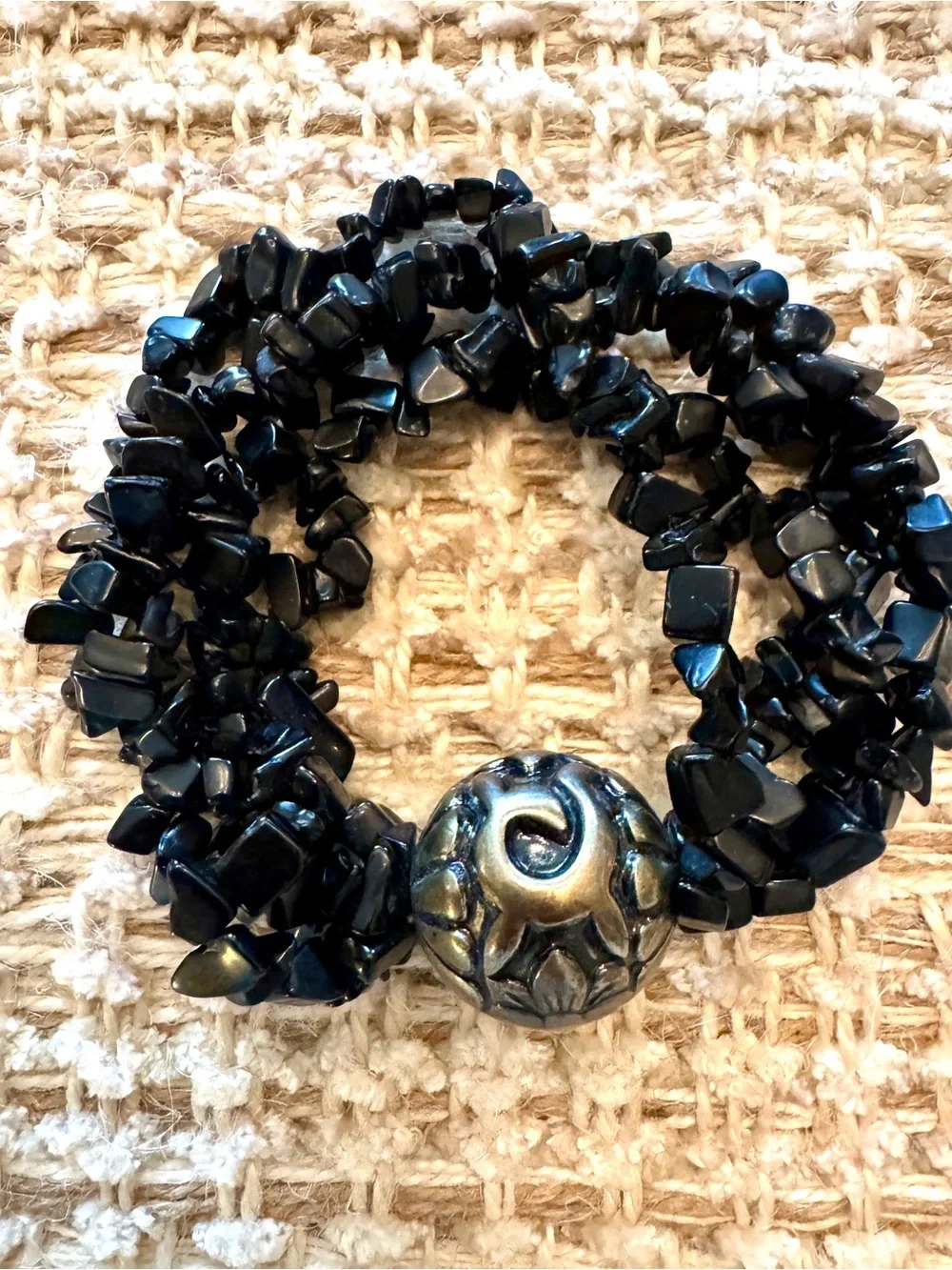 Vintage Black Onyx Chip Bracelet Engraved Floral Metal Bead Whimsy goth Chunky